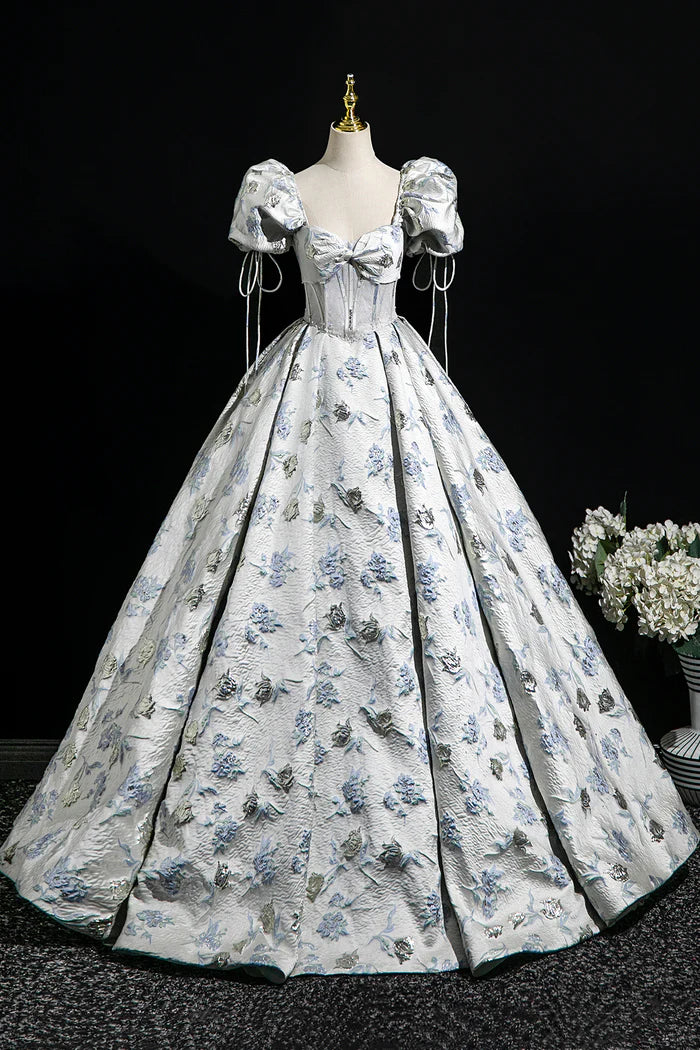 Elegant Floral Pattern Floor Length Prom Dress, A-Line Short Sleeve Party Dress